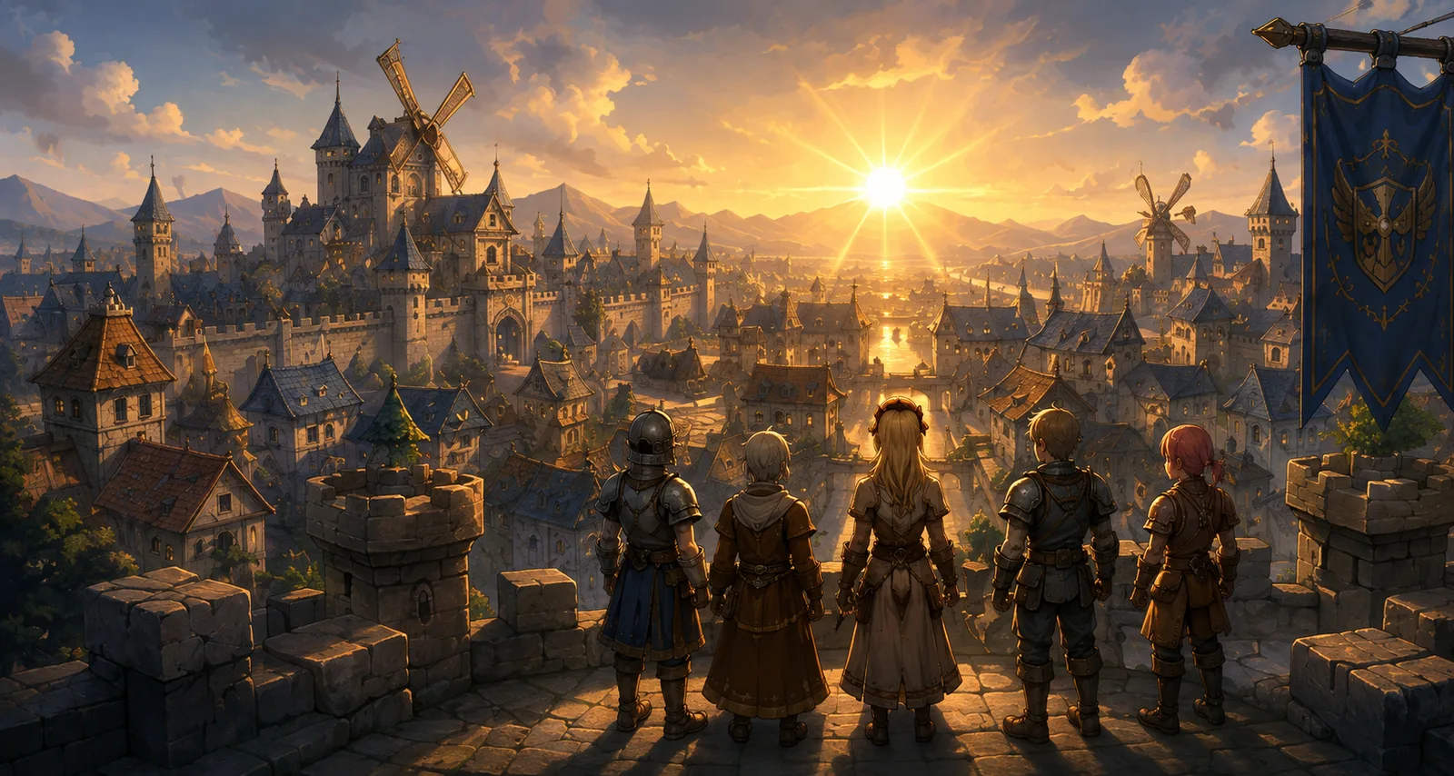 Adventurers looking out over a golden-lit castle city at dawn